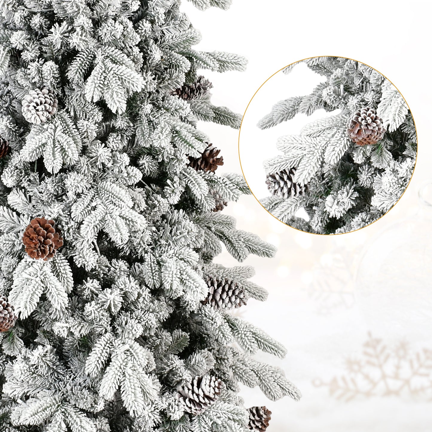 Frosted Artificial Christmas Tree with Pine Cones and Gifts – Holiday Home Decoration