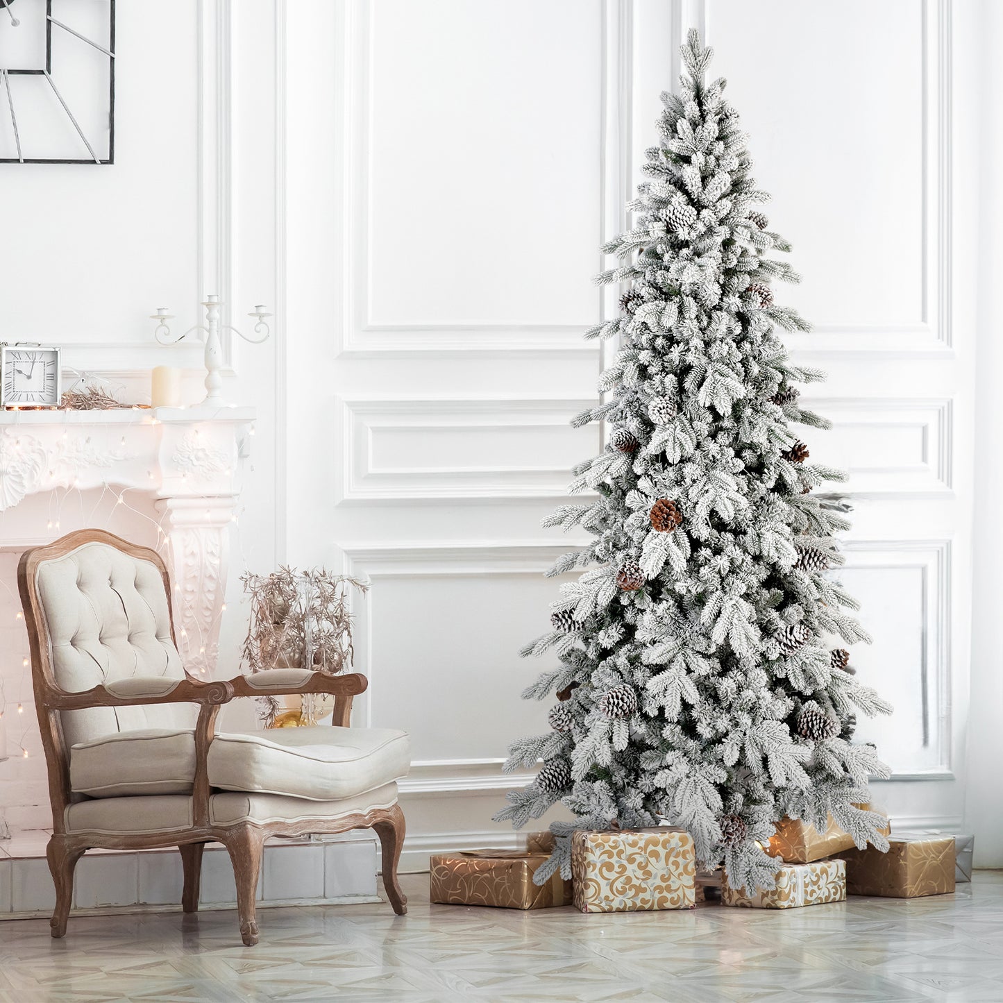 Frosted Artificial Christmas Tree with Pine Cones and Gifts – Holiday Home Decoration