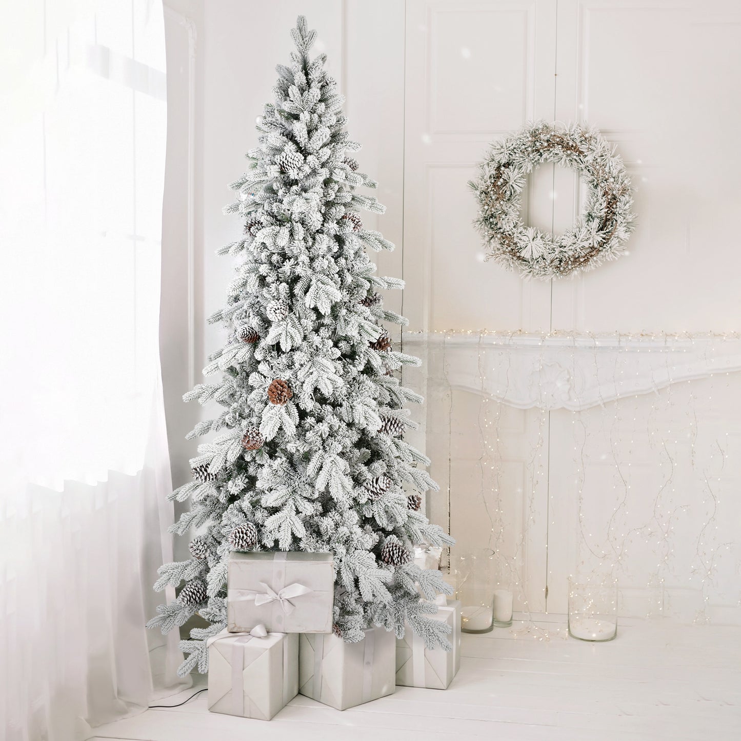 Frosted Artificial Christmas Tree with Pine Cones and Gifts – Holiday Home Decoration